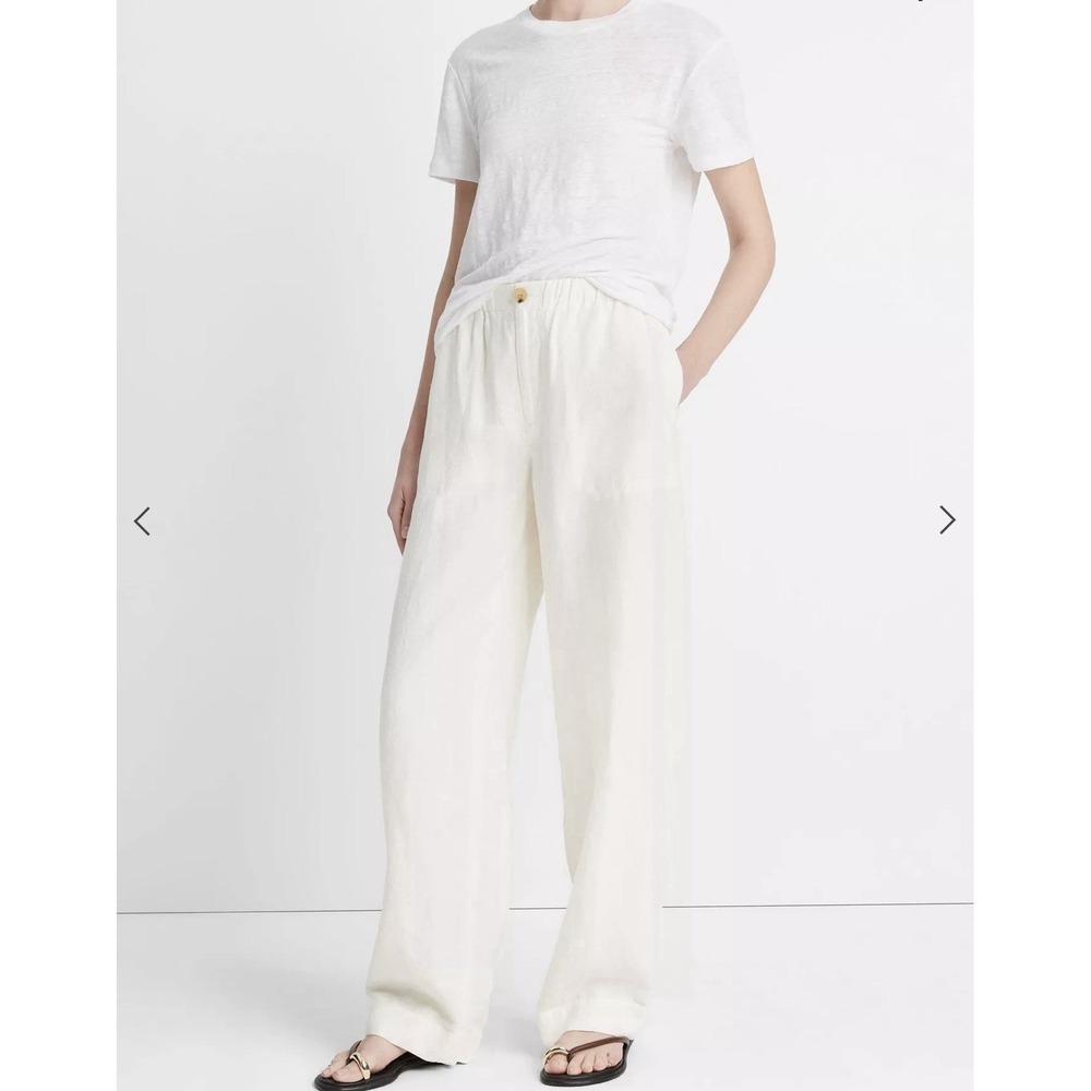 Vince Women's White Hemp Trousers Size M High Waisted Pleated Pants Old Money - Picture 15 of 16